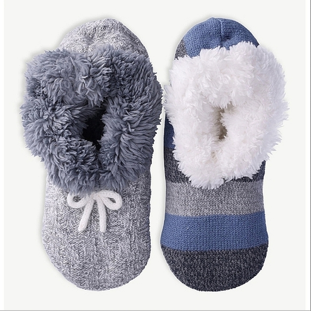 2-Pack Joyspun Gray Cable Stripe Knit Slipper Socks - Women's size 4-10